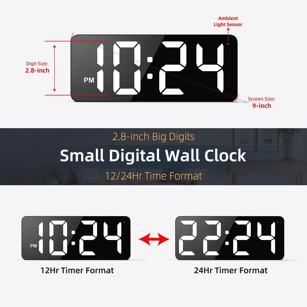 XUANZIT LED Digital Wall Clock Large Display 2.8-inch Digits 22.1 cm (8.7 inches) White | Auto-Dimming Modern Electric Silent Clock - view 2