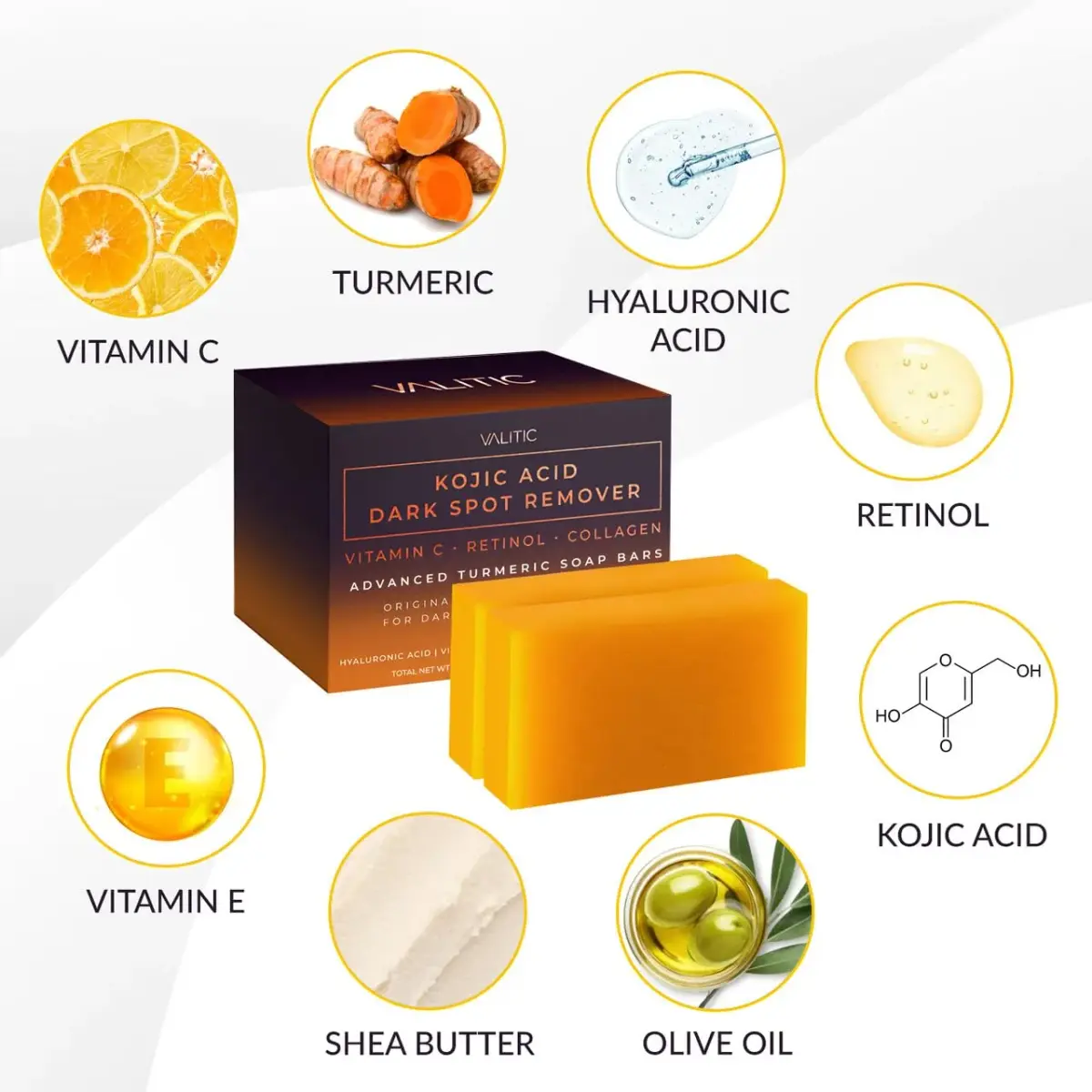 VALITIC Kojic Acid Dark Spot Remover Soap Bars with Vitamin C, Retinol, Collagen, Turmeric - 2 Pack (7 oz / 200g) | Original Japanese Complex for Brighter Skin - view 6