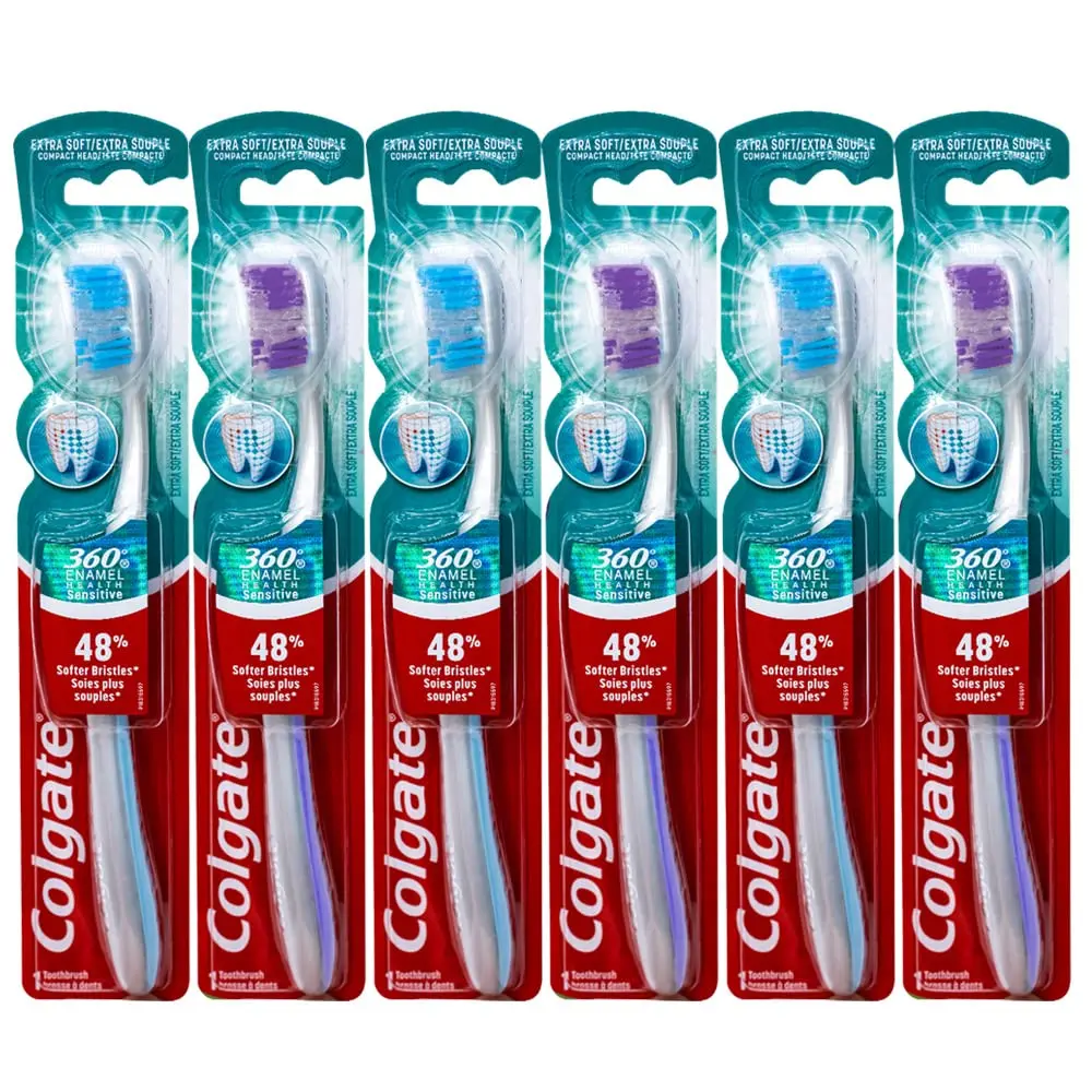 Colgate 360 Enamel Health Sensitive Toothbrush, Compact Head, Extra Soft - Pack of 6 | 48% Softer Bristles for Sensitive Teeth & Gums - main product image
