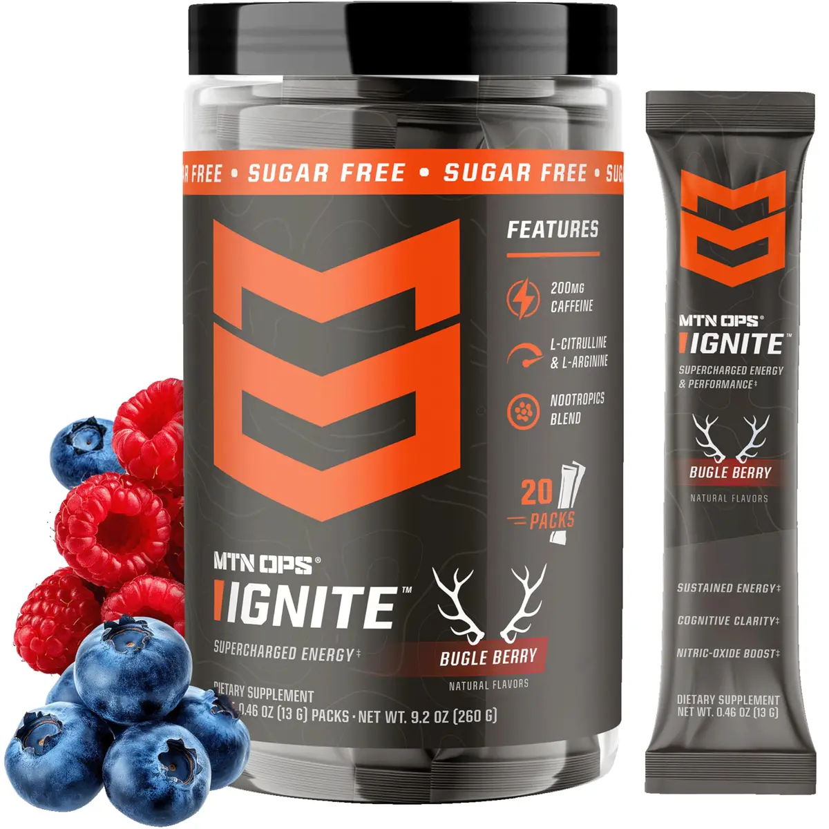 MTN OPS Ignite Energy Powder, Zero Sugar, Bugle Berry | Long-Lasting Focus & Endurance (70-120 chars) - main product image