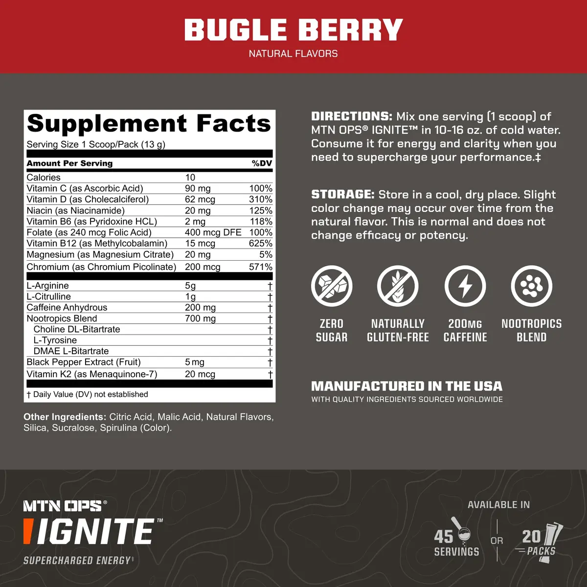 MTN OPS Ignite Energy Powder, Zero Sugar, Bugle Berry | Long-Lasting Focus & Endurance (70-120 chars) - view 2
