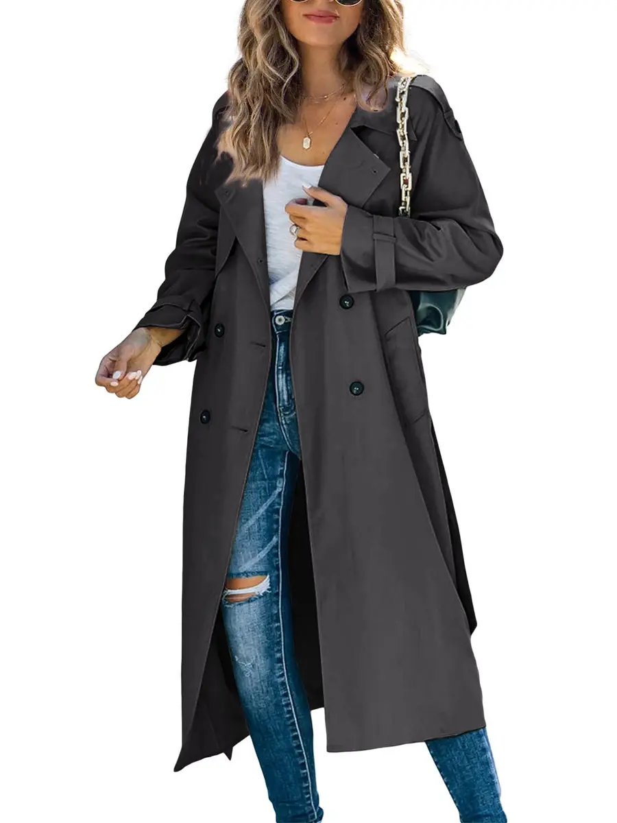 Makkrom Women's Double Breasted Long Trench Coat Classic Lapel Slim Windproof Overcoat with Belt | Elegant & Windproof (70-120 chars) - main product image