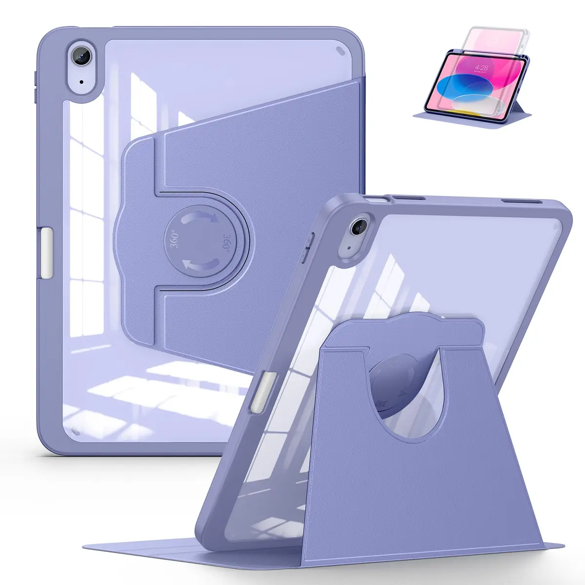 Soke Rotating Case for iPad 11th/10th Gen 11"/10.9" with Pencil Holder & Auto Sleep/Wake | Clear Back & Lilac Purple - main product image