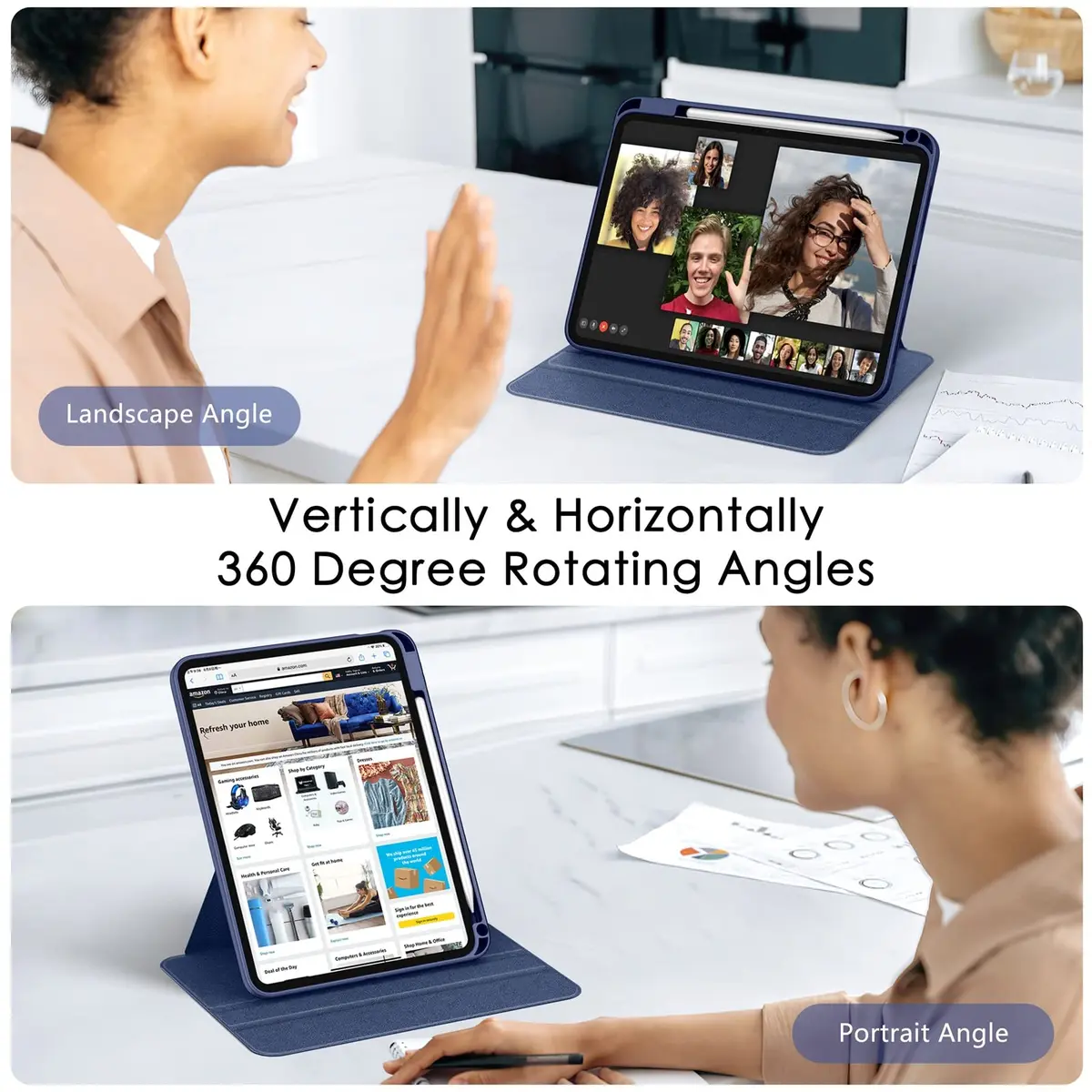 Soke Rotating Case for iPad 11th Gen 2025 & 10th Gen 2022 (A16) 11"/10.9" with Pencil Holder & Stand | Navy Blue - view 3
