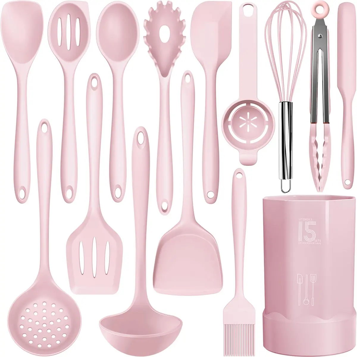 AOTHOD Silicone Cooking Utensils Set - 446°F Heat Resistant Kitchen Gadgets, Pink | Nonstick Friendly, Dishwasher Safe - main product image