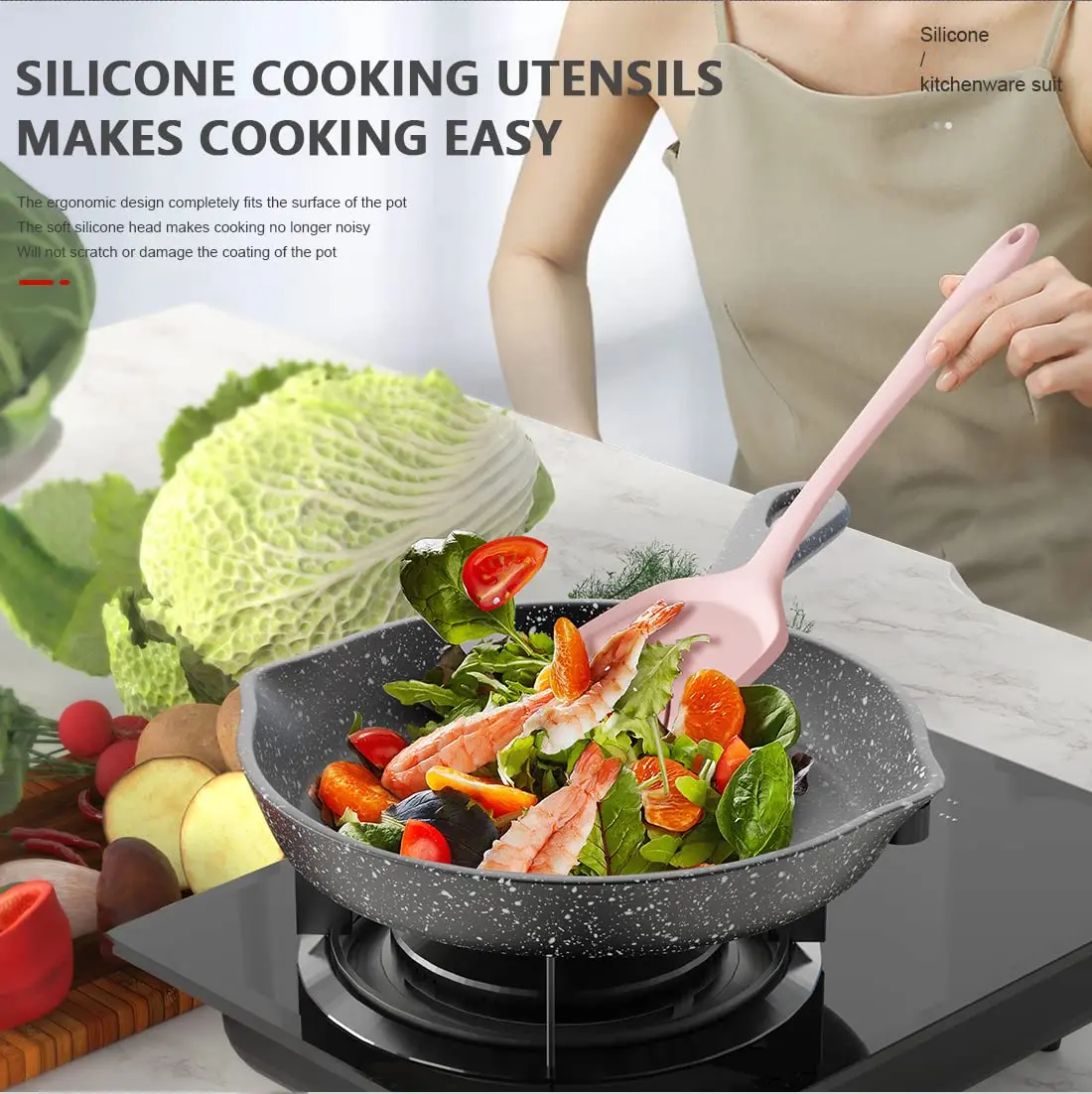 AOTHOD Silicone Cooking Utensils Set - 446°F Heat Resistant Kitchen Gadgets, Pink | Nonstick Friendly, Dishwasher Safe - view 7
