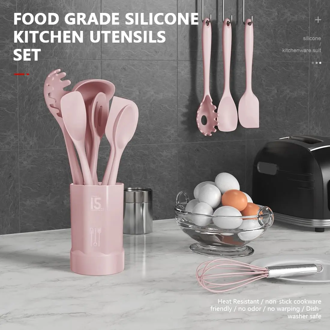AOTHOD Silicone Cooking Utensils Set - 446°F Heat Resistant Kitchen Gadgets, Pink | Nonstick Friendly, Dishwasher Safe - view 2