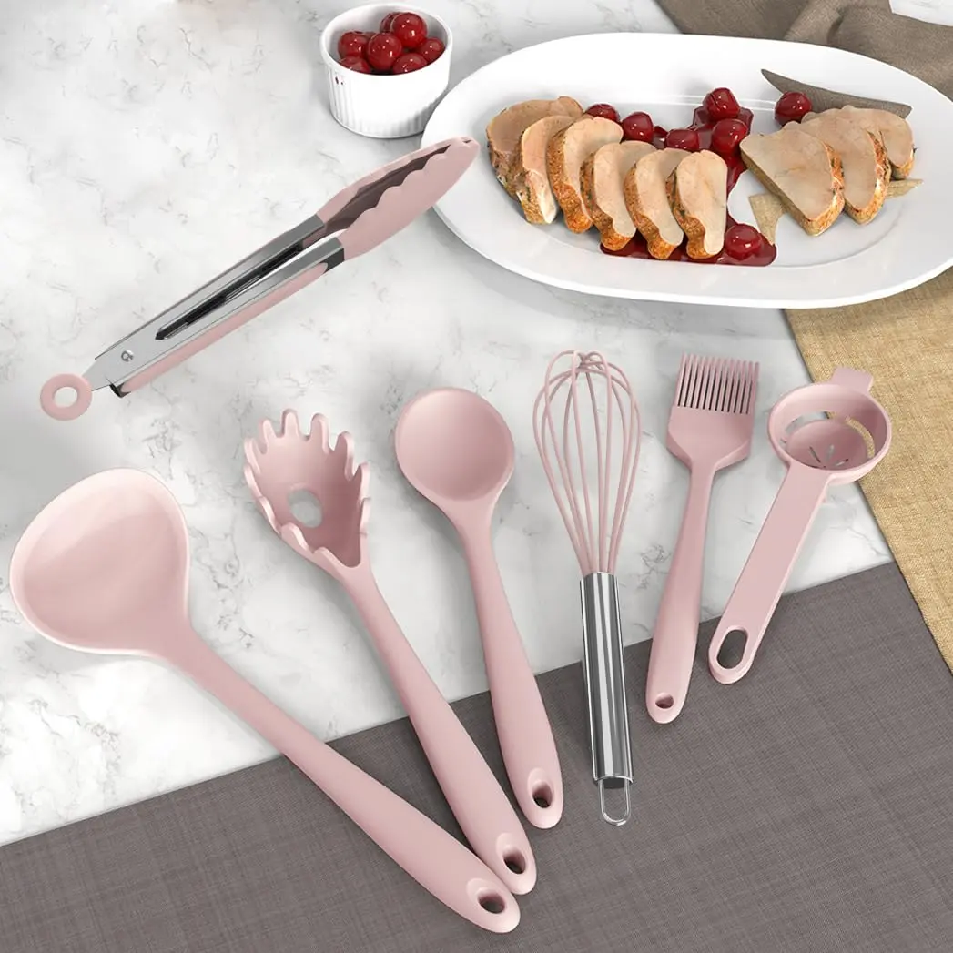 AOTHOD Silicone Cooking Utensils Set - 446°F Heat Resistant Kitchen Gadgets, Pink | Nonstick Friendly, Dishwasher Safe - view 3