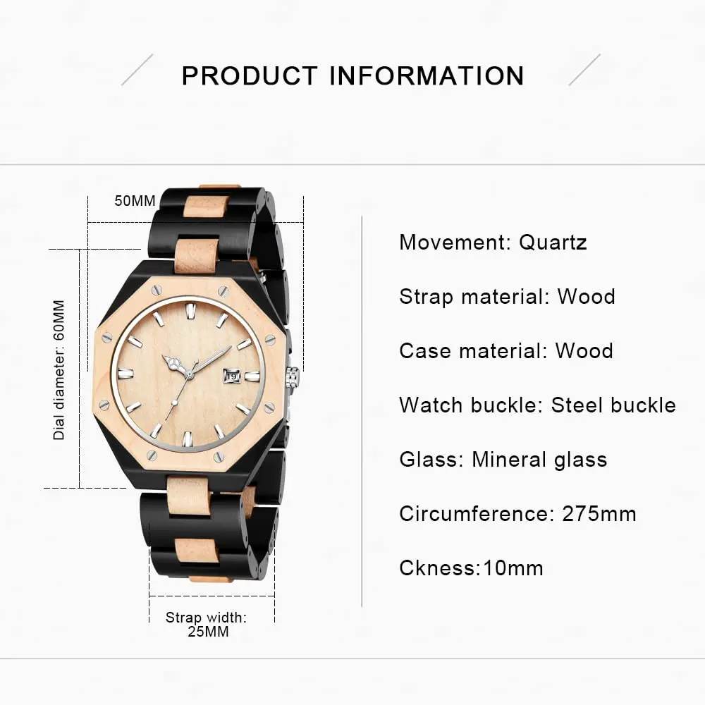 Realpoo Wooden Quartz Men's Business Watch, 40mm Diameter | Classic Wooden Strap & Quartz Movement - view 5
