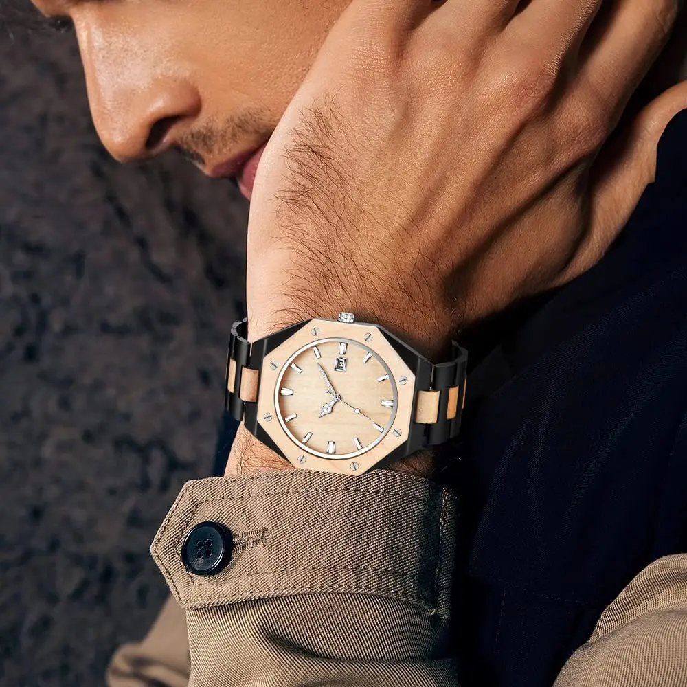 Realpoo Wooden Quartz Men's Business Watch, 40mm Diameter | Classic Wooden Strap & Quartz Movement - view 6
