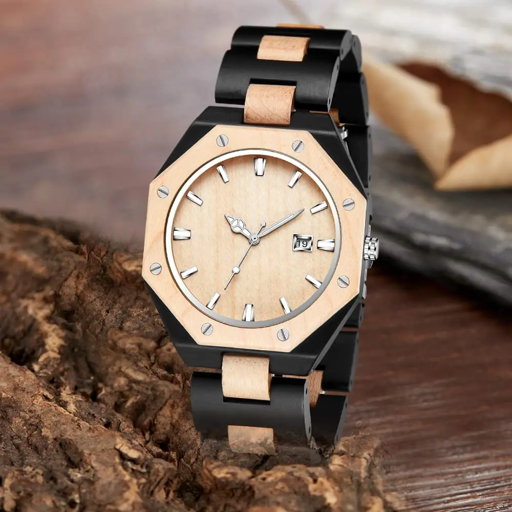 Realpoo Wooden Quartz Men's Business Watch, 40mm Diameter | Classic Wooden Strap & Quartz Movement - view 2