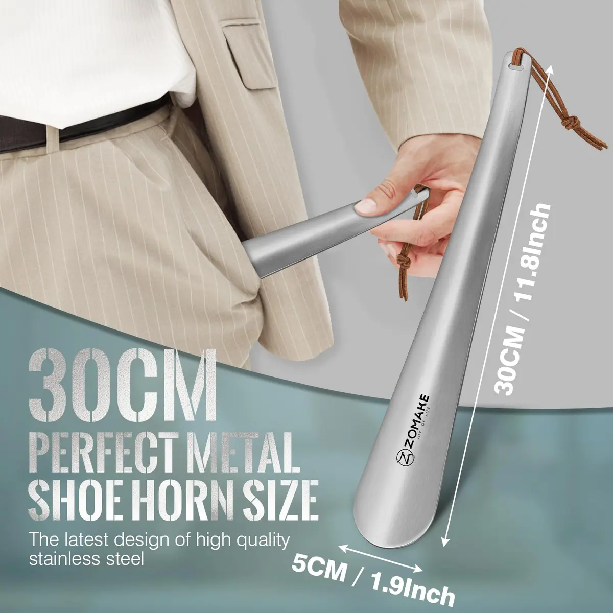 ZOMAKE Metal Shoe Horn Long Handle 30cm (11.8 Inch) | Smooth Stainless Steel for Easy Shoe Entry - view 2
