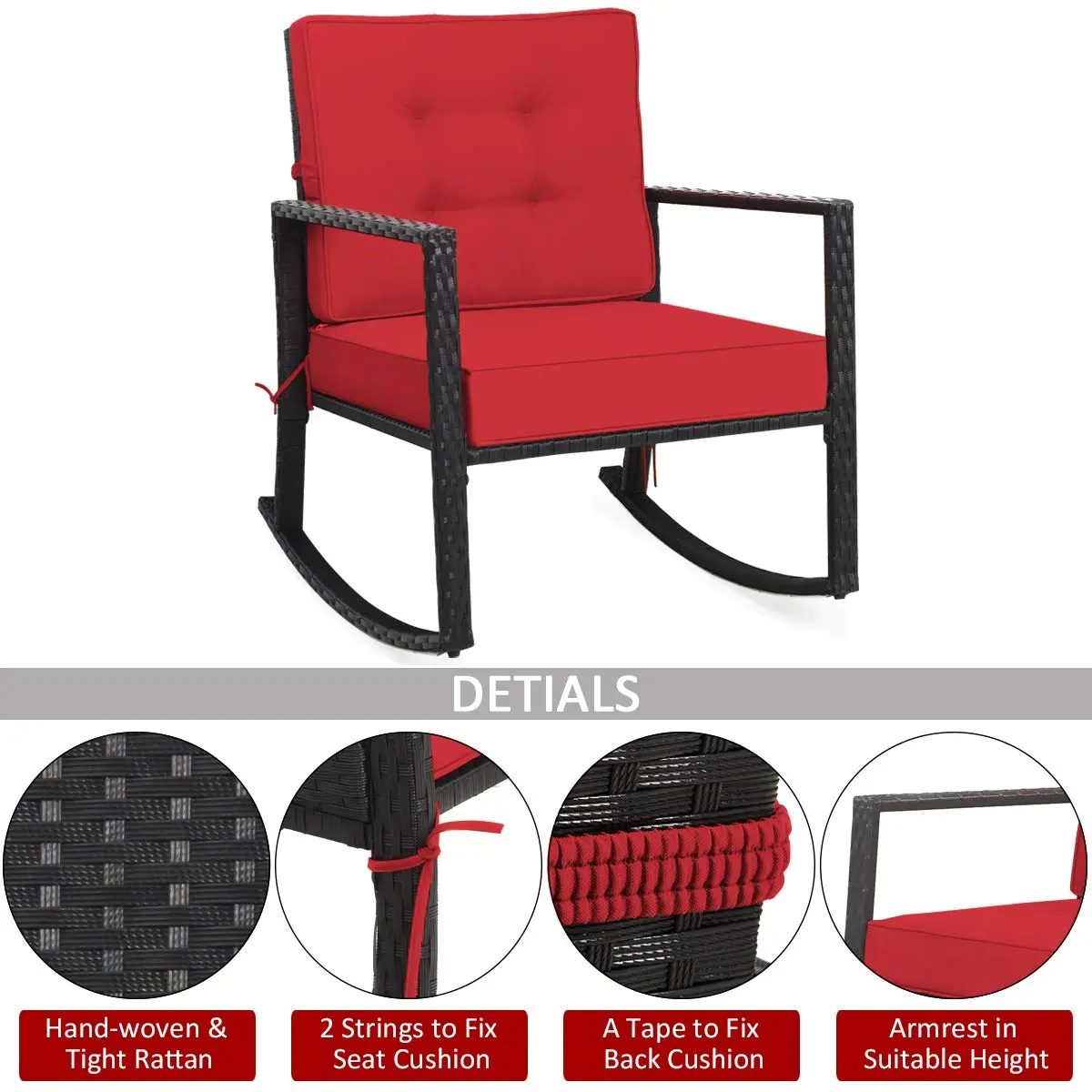 RELAX4LIFE Wicker Outdoor Rocking Chair 2-Piece | Water-Resistant Rattan & Steel Frame (26.5in x 36in x 33in) - view 8