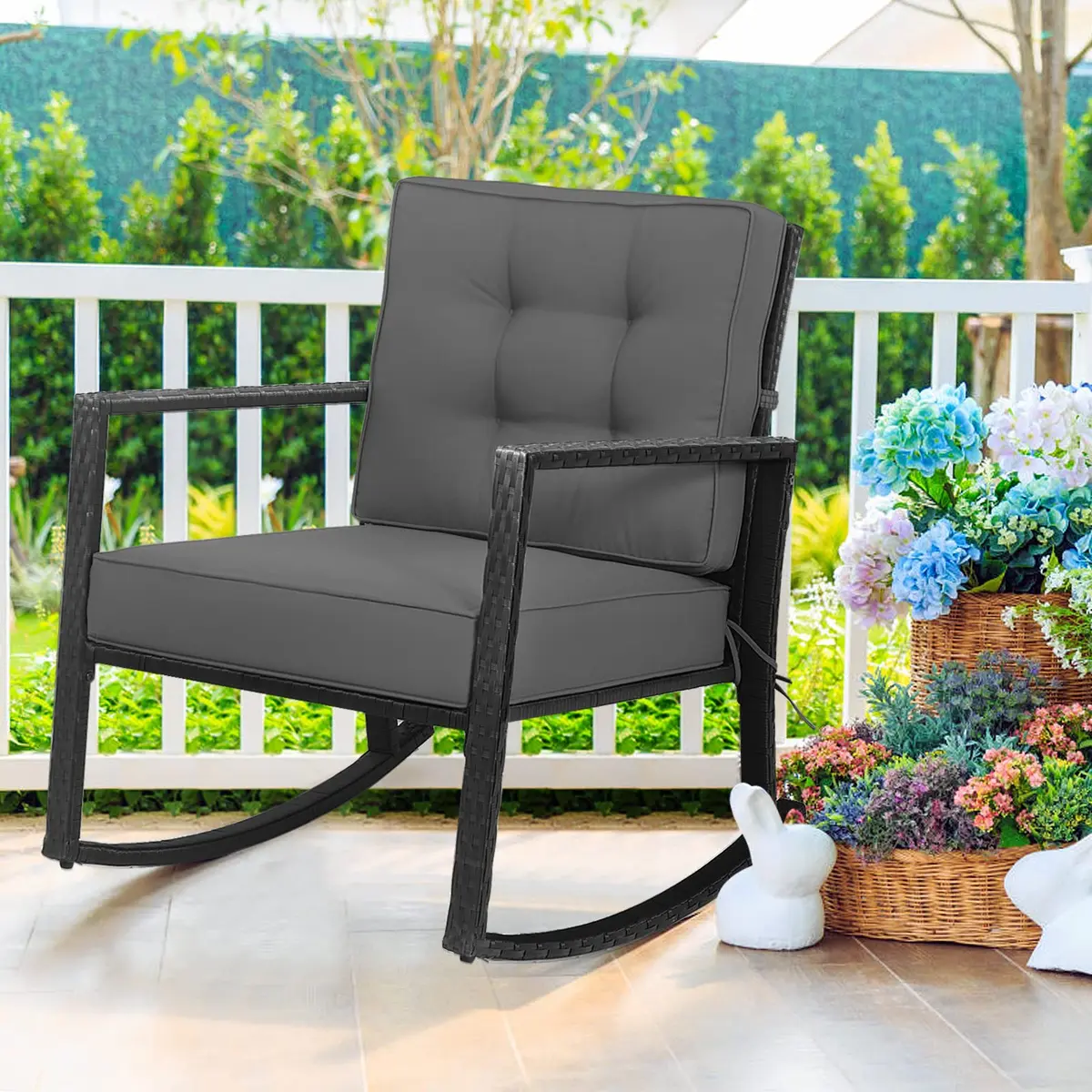 RELAX4LIFE Wicker Outdoor Rocking Chair - All Weather Rattan Patio Chair with Steel Frame & Removable Cushions (26.5x36x33 inches | Grey) - main product image