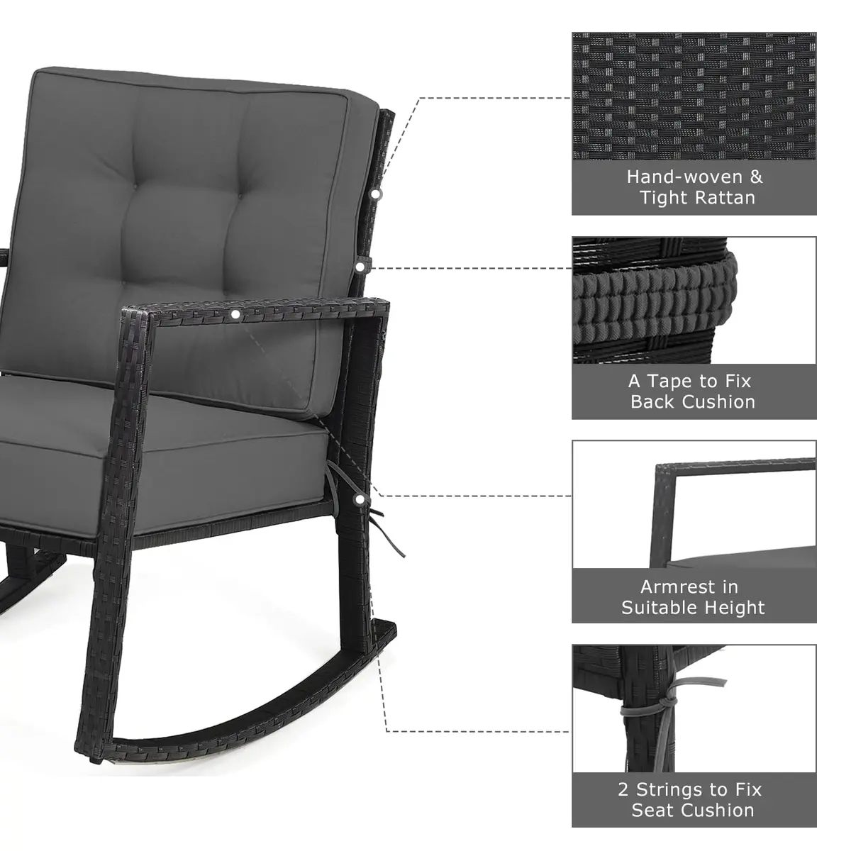 RELAX4LIFE Wicker Outdoor Rocking Chair - All Weather Rattan Patio Chair with Steel Frame & Removable Cushions (26.5x36x33 inches | Grey) - view 8