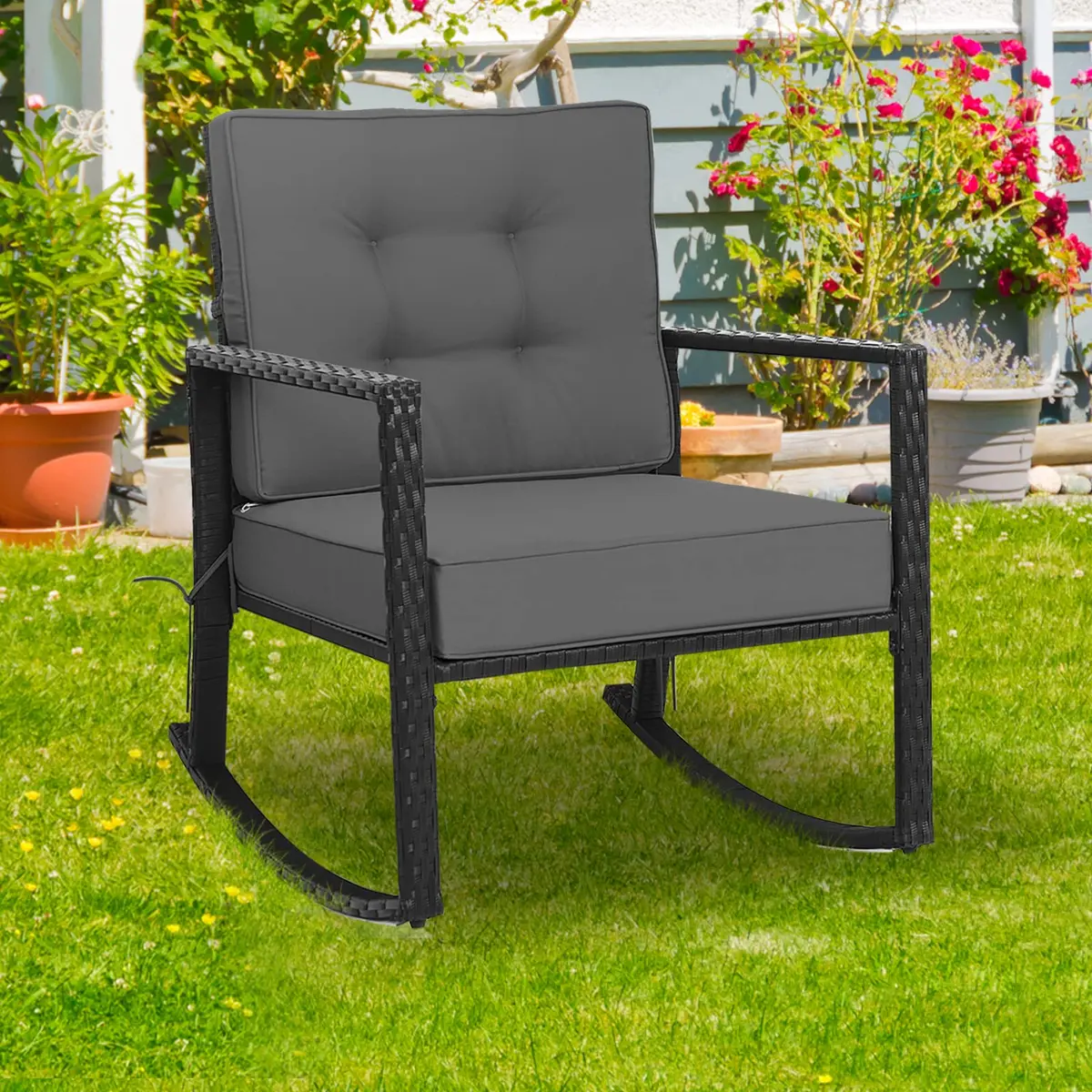 RELAX4LIFE Wicker Outdoor Rocking Chair - All Weather Rattan Patio Chair with Steel Frame & Removable Cushions (26.5x36x33 inches | Grey) - view 9