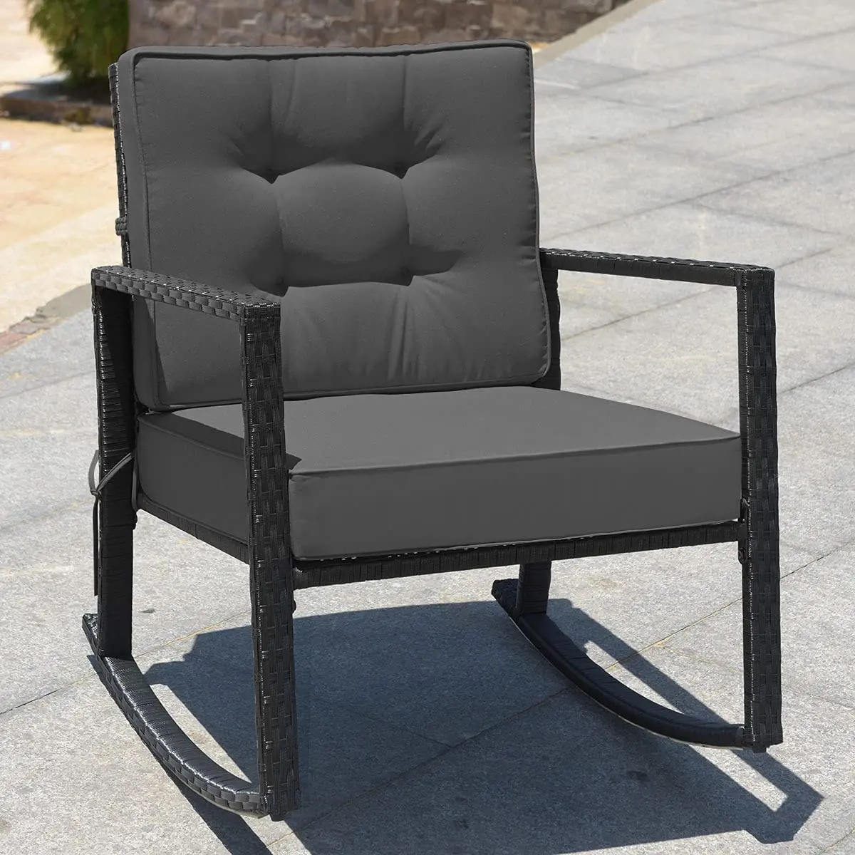 RELAX4LIFE Wicker Outdoor Rocking Chair - All Weather Rattan Patio Chair with Steel Frame & Removable Cushions (26.5x36x33 inches | Grey) - view 2