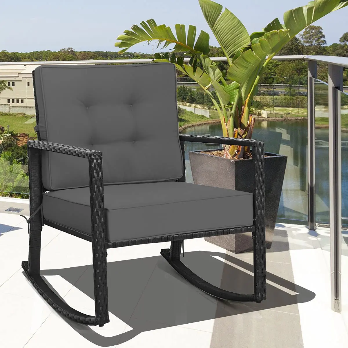 RELAX4LIFE Wicker Outdoor Rocking Chair - All Weather Rattan Patio Chair with Steel Frame & Removable Cushions (26.5x36x33 inches | Grey) - view 4
