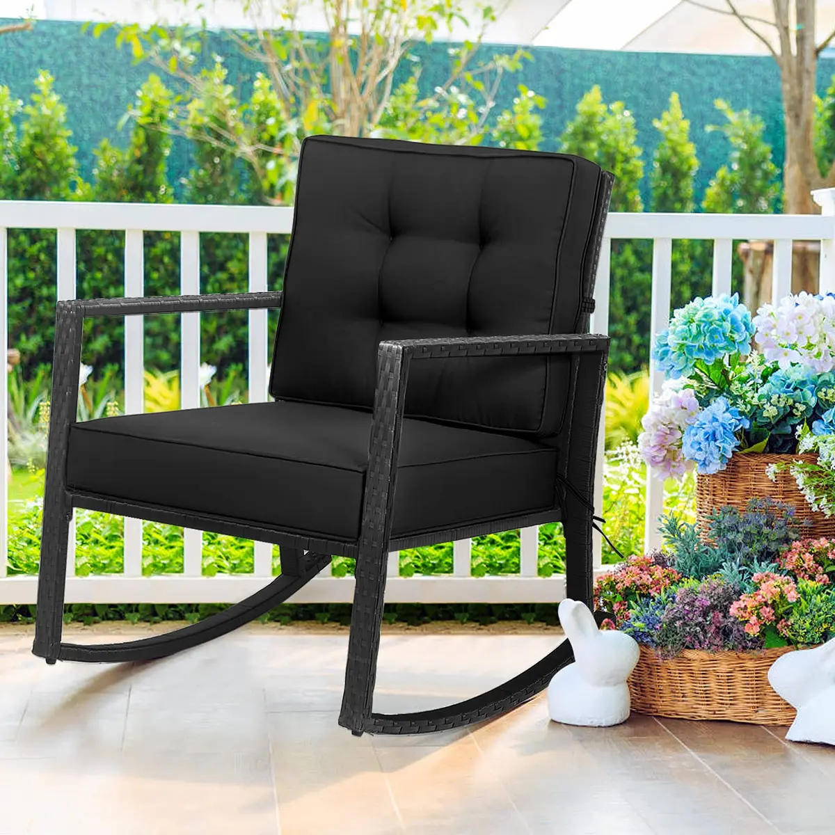 RELAX4LIFE Wicker Outdoor Rocking Chair - All Weather Rattan Rocker Patio Chair w/Steel Frame Removable Cushions & Armrest, Rocker Chair Outdoor Furniture for Backyard Porch Poolside (1, Black) - main product image