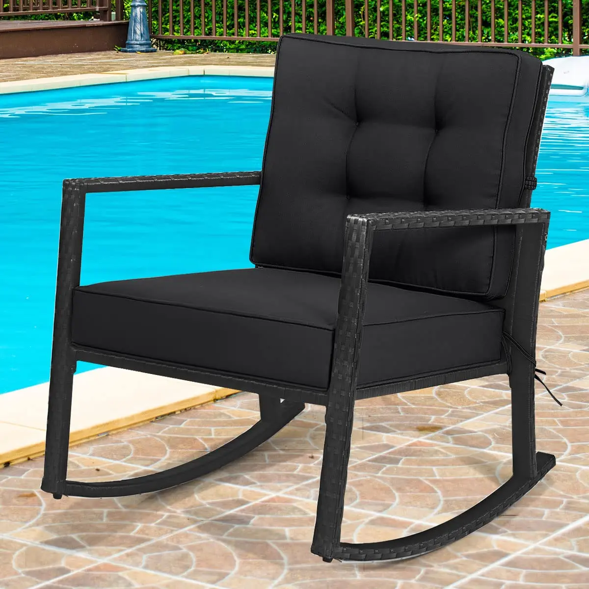 RELAX4LIFE Wicker Outdoor Rocking Chair - All Weather Rattan Rocker Patio Chair w/Steel Frame Removable Cushions & Armrest, Rocker Chair Outdoor Furniture for Backyard Porch Poolside (1, Black) - view 5