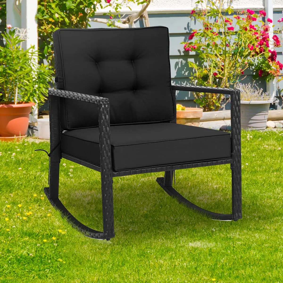 RELAX4LIFE Wicker Outdoor Rocking Chair - All Weather Rattan Rocker Patio Chair w/Steel Frame Removable Cushions & Armrest, Rocker Chair Outdoor Furniture for Backyard Porch Poolside (1, Black) - view 6