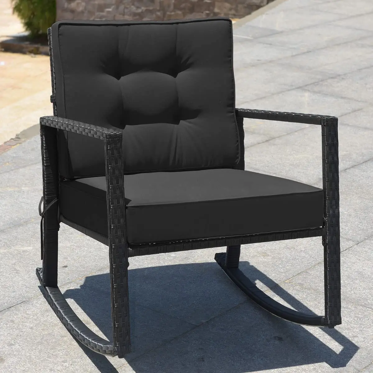 RELAX4LIFE Wicker Outdoor Rocking Chair - All Weather Rattan Rocker Patio Chair w/Steel Frame Removable Cushions & Armrest, Rocker Chair Outdoor Furniture for Backyard Porch Poolside (1, Black) - view 2