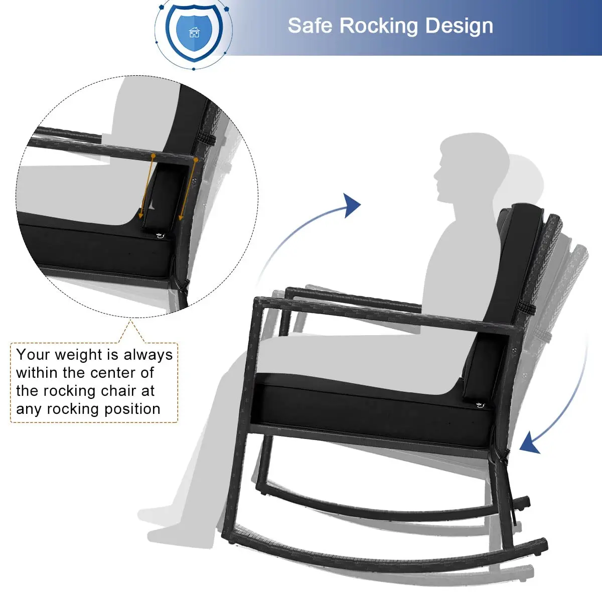 RELAX4LIFE Wicker Outdoor Rocking Chair - All Weather Rattan Rocker Patio Chair w/Steel Frame Removable Cushions & Armrest, Rocker Chair Outdoor Furniture for Backyard Porch Poolside (1, Black) - view 3
