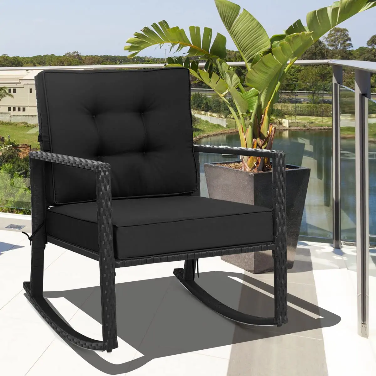 RELAX4LIFE Wicker Outdoor Rocking Chair - All Weather Rattan Rocker Patio Chair w/Steel Frame Removable Cushions & Armrest, Rocker Chair Outdoor Furniture for Backyard Porch Poolside (1, Black) - view 4
