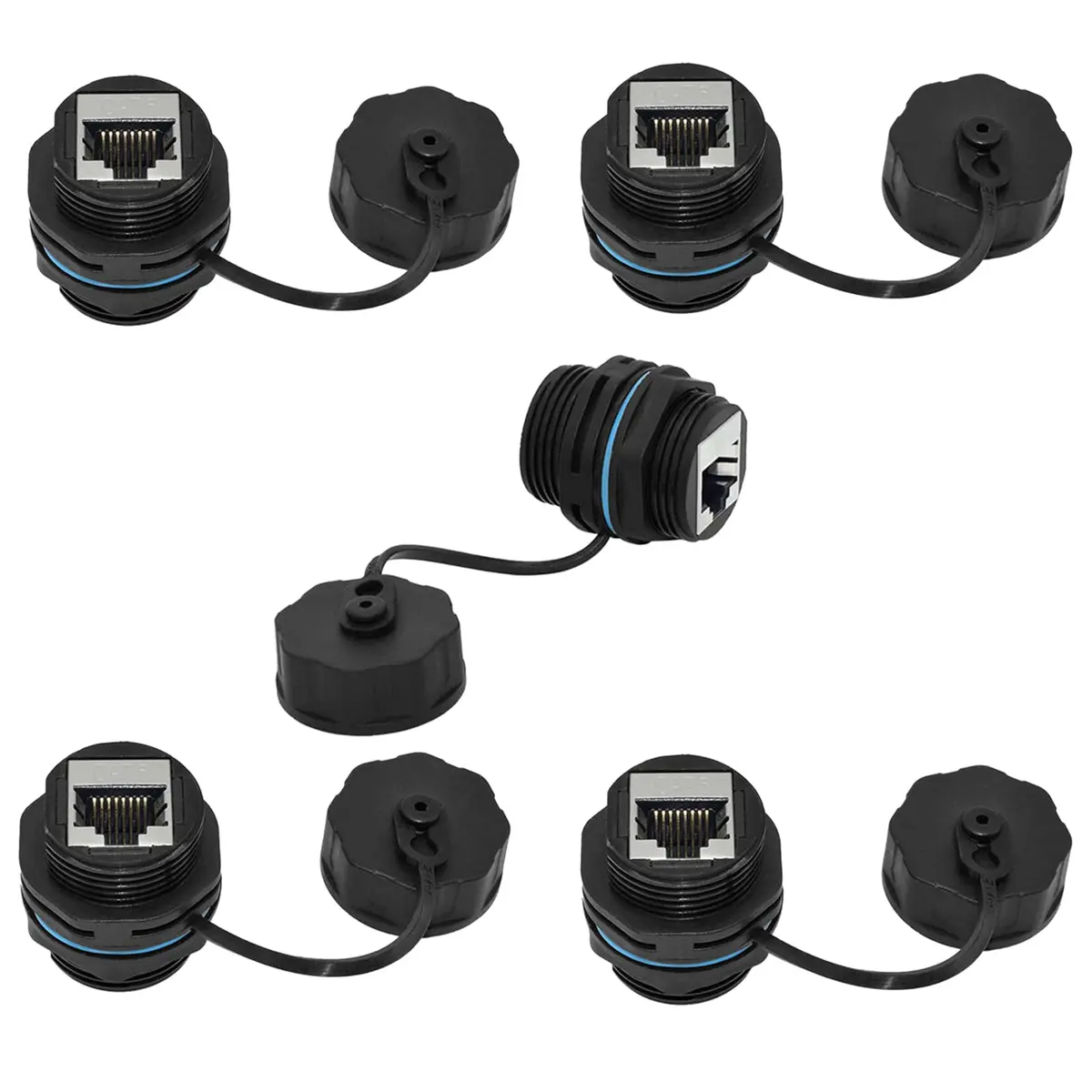 PENGLIN IP68 Waterproof Shielded RJ45 Panel Mount Bulkhead Connector (5-Pack, Black) | Cat6 Ethernet Connectivity for Industrial Environments - main product image