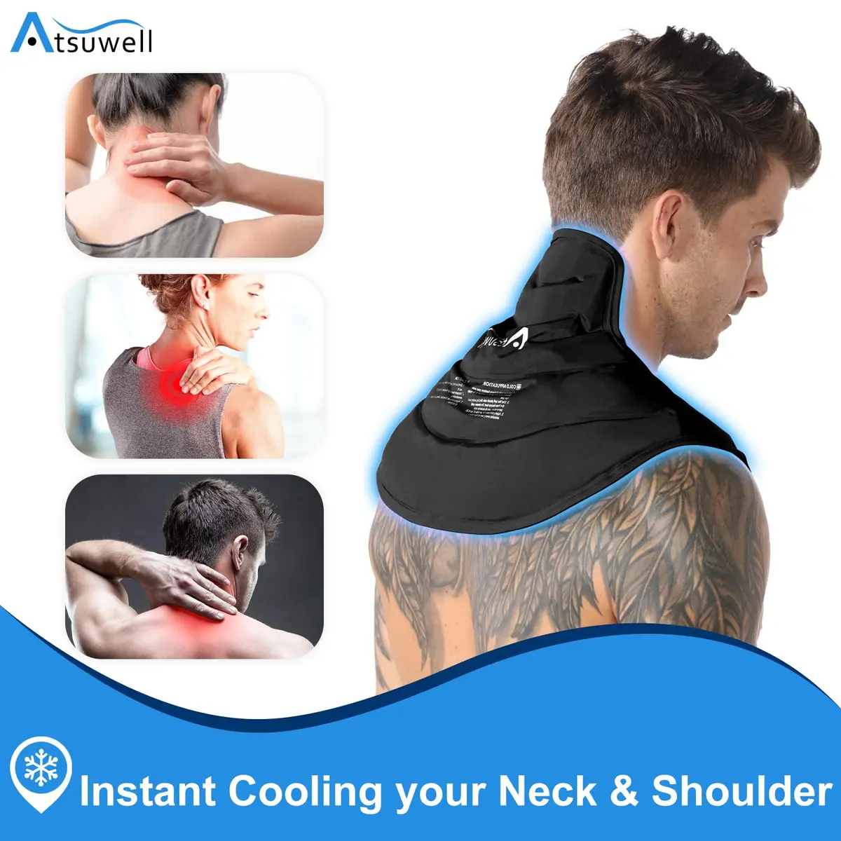 Atsuwell Neck Ice Pack Wrap for Neck & Shoulder Pain Relief | Reusable Gel Cold Compress for Upper Back, Black - view 2