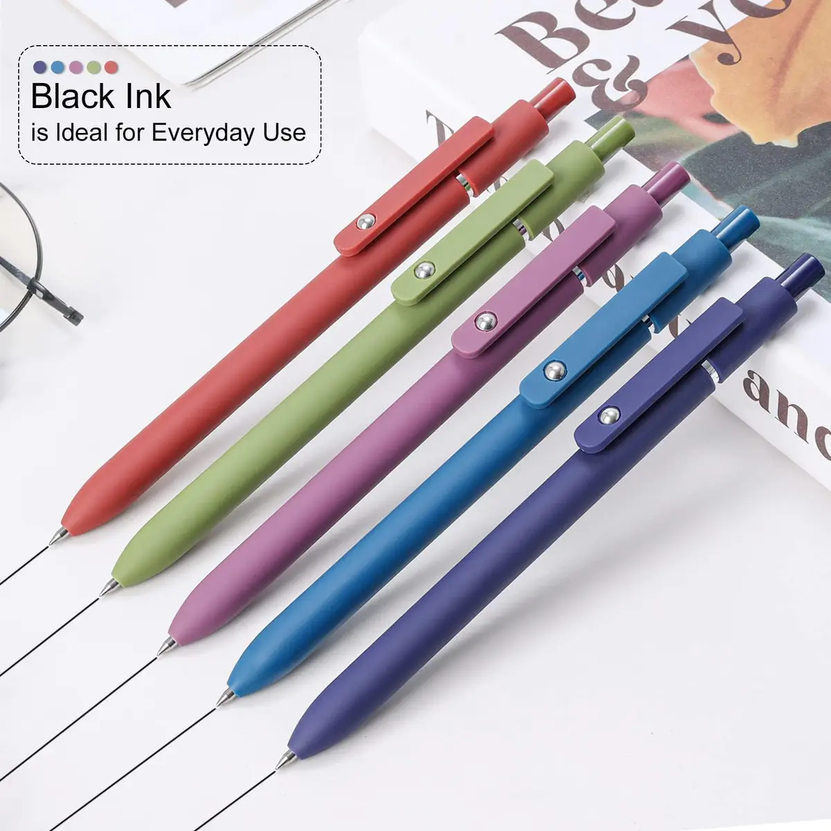 FIOVER Gel Pens 5pcs 0.5mm Fine Point Black Ink | Smooth Writing, Quick Dry, Vintage Style - view 2