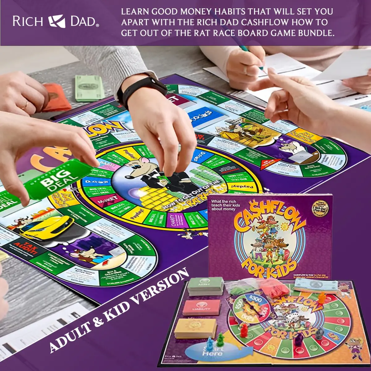 Rich Dad How To Get Out Of The Rat Race Board Game Set Adult & Kid Version | Educational Financial Literacy Learning Game for Ages 6+ (2-Pack) - view 3