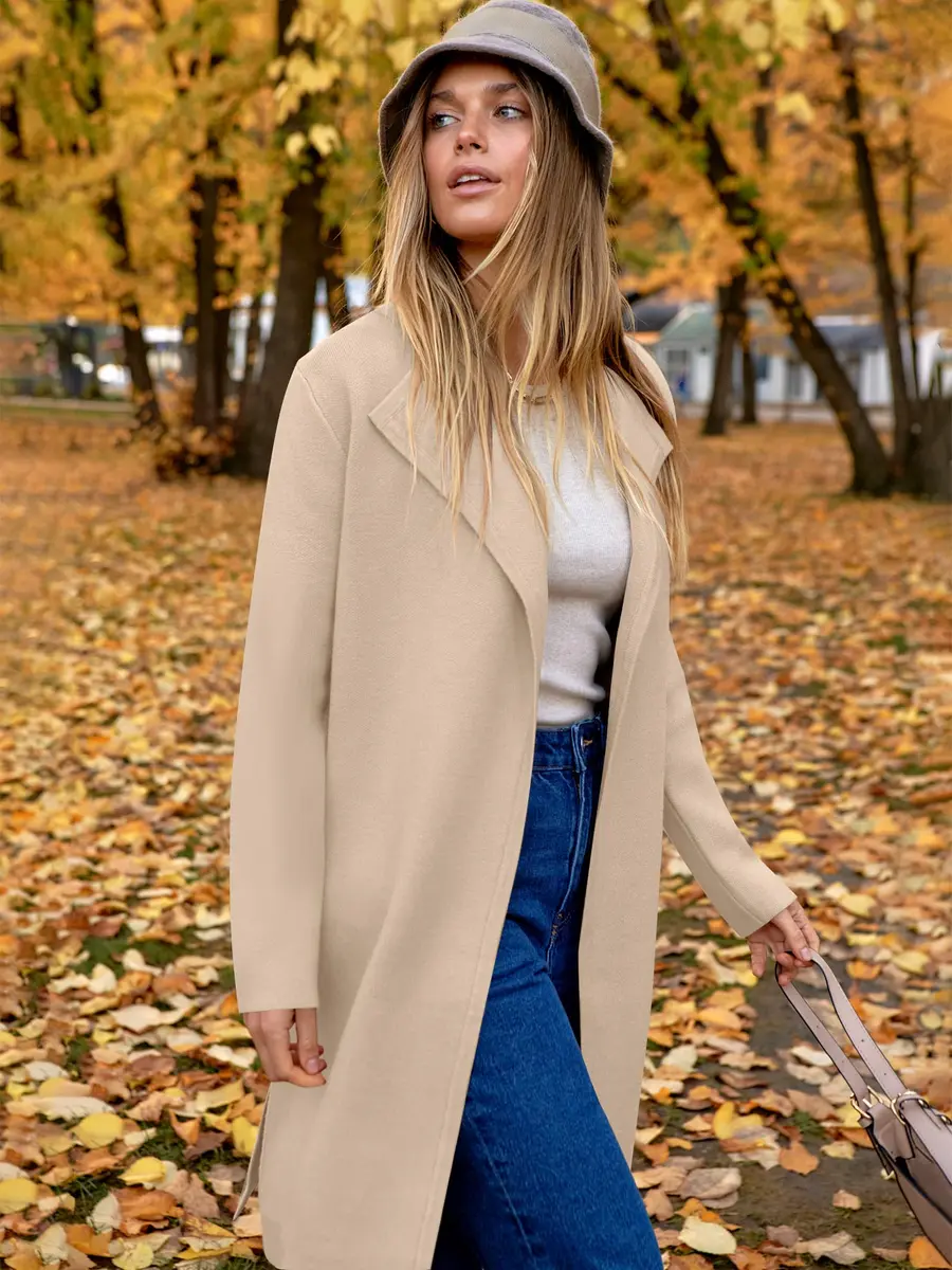 ANRABESS Women's Long Cardigan Sweater Apricot X-Large | V-Neck Knit Warm Trench Coatigan - view 6