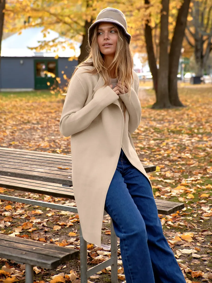 ANRABESS Women's Long Cardigan Sweater Apricot X-Large | V-Neck Knit Warm Trench Coatigan - view 7