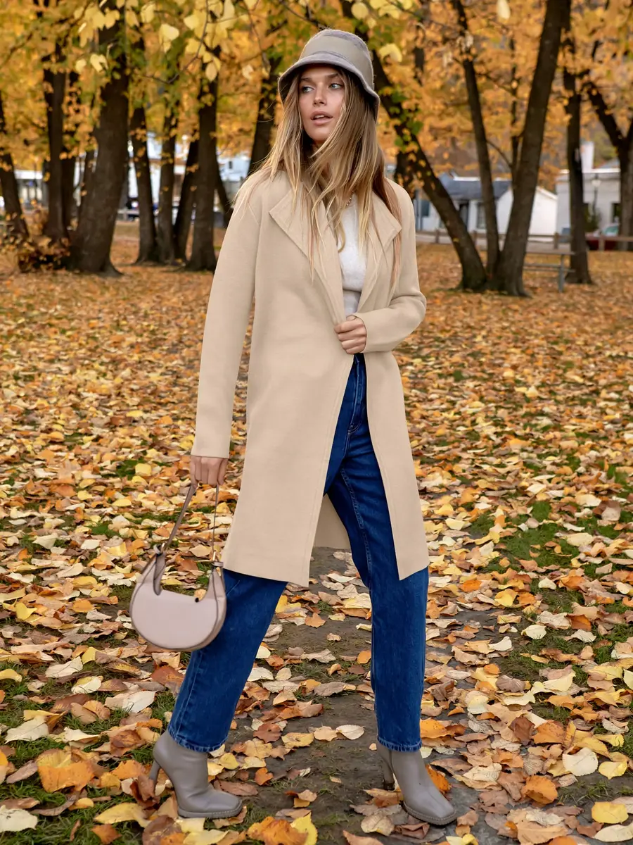 ANRABESS Women's Long Cardigan Sweater Apricot X-Large | V-Neck Knit Warm Trench Coatigan - view 4