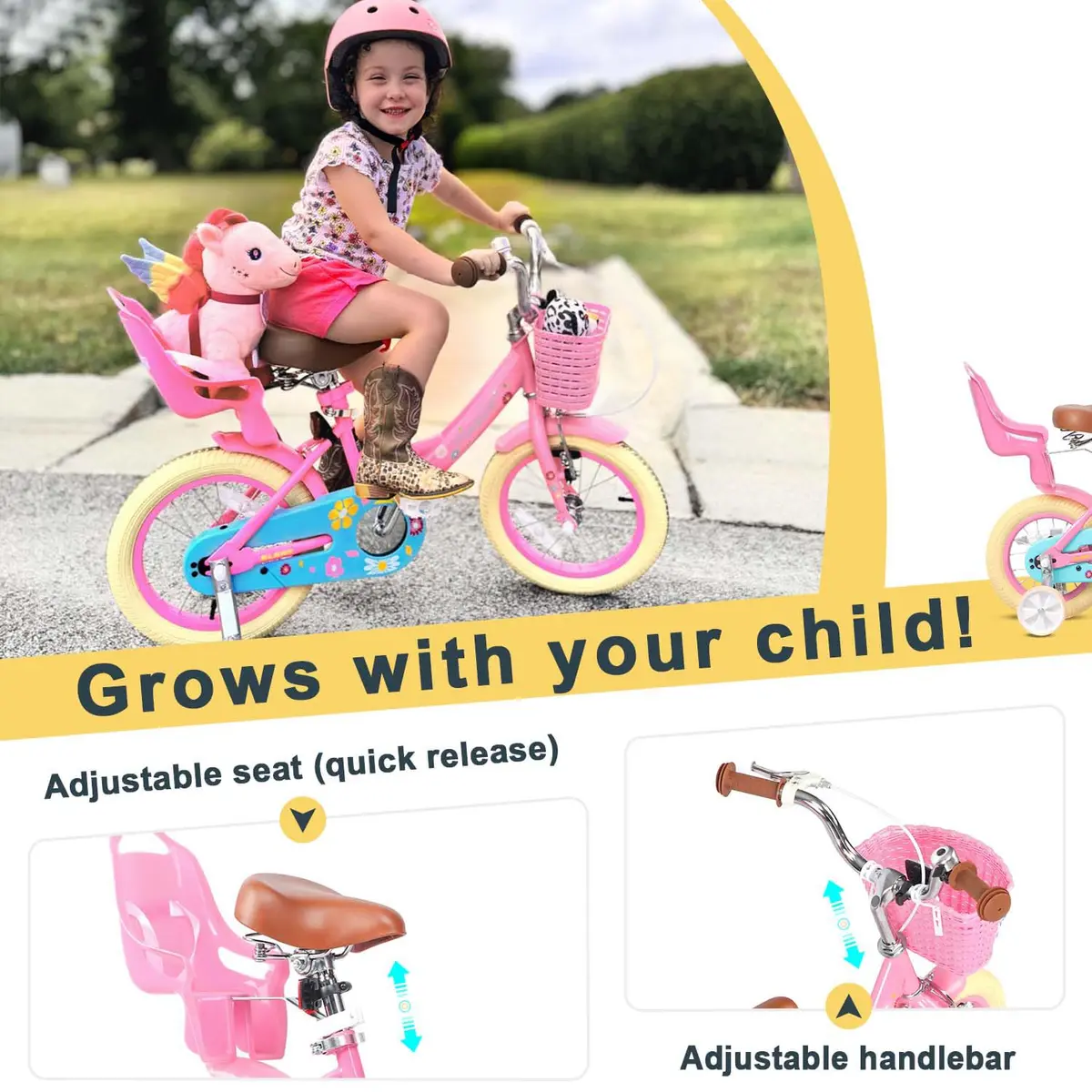 Glerc Maggie Girls Bike, 16 Inch Kids Bike for 4-7 Years Old Children, Princess Style Kids Bicycle with Doll-Seat & Basket & Training Wheels, Pink | Princess Style Kids Bicycle - view 4