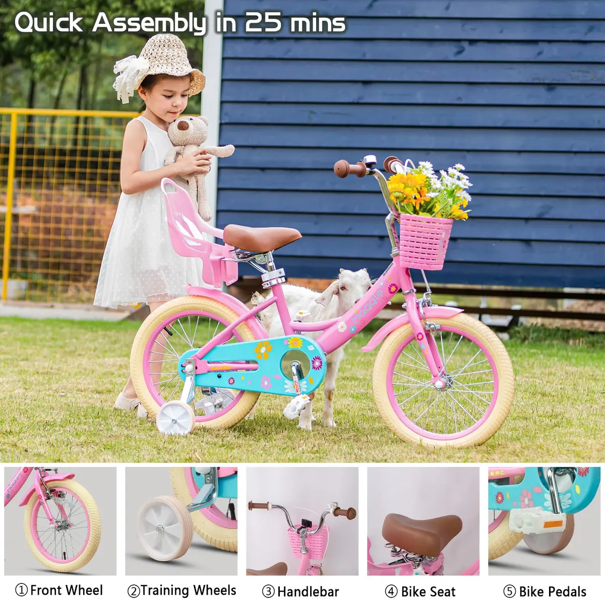 Glerc Maggie Girls Bike, 16 Inch Kids Bike for 4-7 Years Old Children, Princess Style Kids Bicycle with Doll-Seat & Basket & Training Wheels, Pink | Princess Style Kids Bicycle - view 6