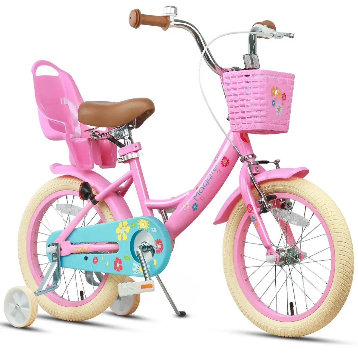 Glerc Maggie Girls Bike, 16 Inch Kids Bike for 4-7 Years Old Children, Princess Style Kids Bicycle with Doll-Seat & Basket & Training Wheels, Pink | Princess Style Kids Bicycle - main product image