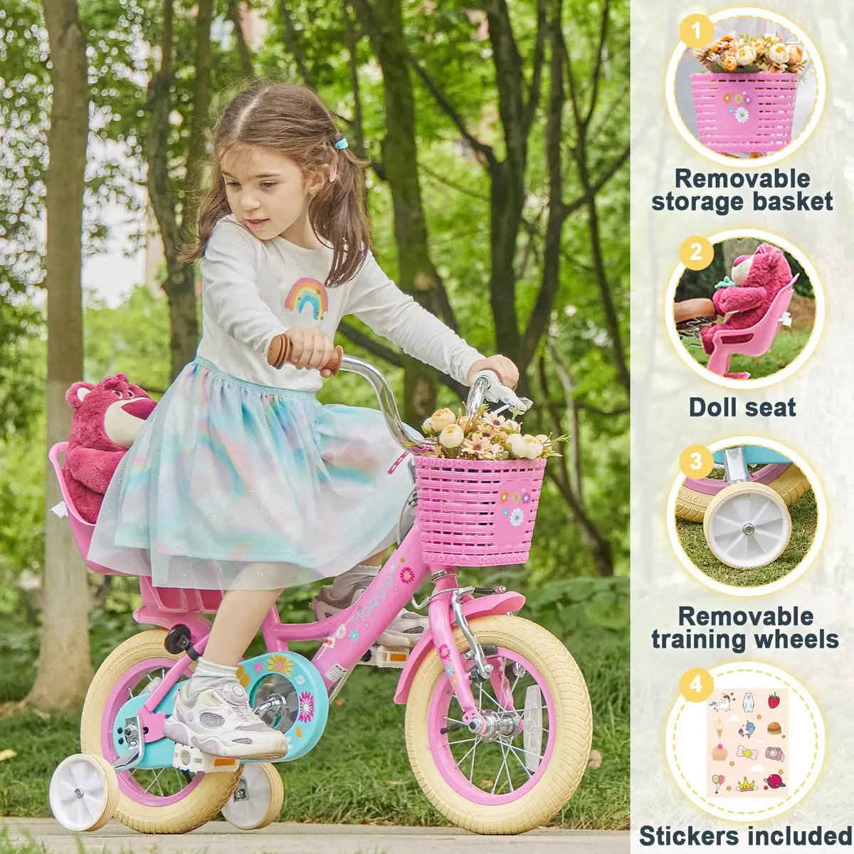 Glerc Maggie Girls Bike, 16 Inch Kids Bike for 4-7 Years Old Children, Princess Style Kids Bicycle with Doll-Seat & Basket & Training Wheels, Pink | Princess Style Kids Bicycle - view 2
