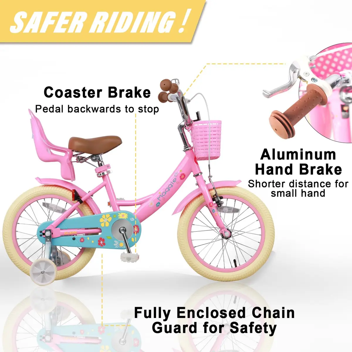 Glerc Maggie Girls Bike, 16 Inch Kids Bike for 4-7 Years Old Children, Princess Style Kids Bicycle with Doll-Seat & Basket & Training Wheels, Pink | Princess Style Kids Bicycle - view 3