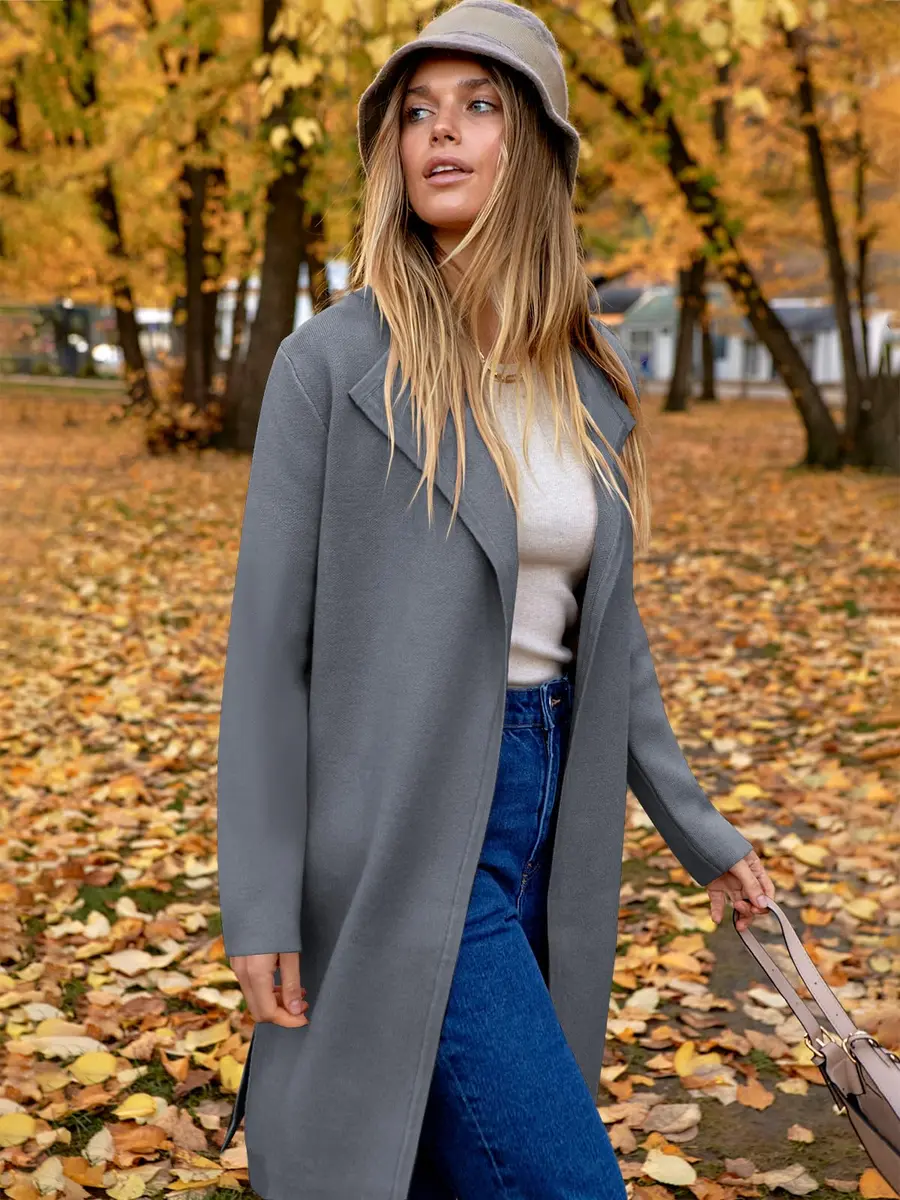 ANRABESS Women's Long Cardigan Sweater Dark Grey Small | V-Neck Knit Warm Trench Coatigan - view 2