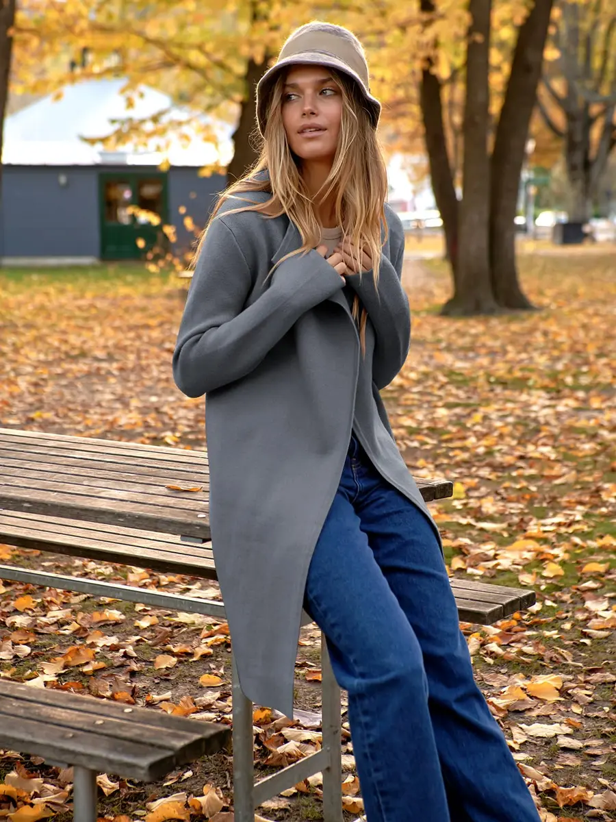 ANRABESS Women's Long Cardigan Sweater Dark Grey Small | V-Neck Knit Warm Trench Coatigan - view 3