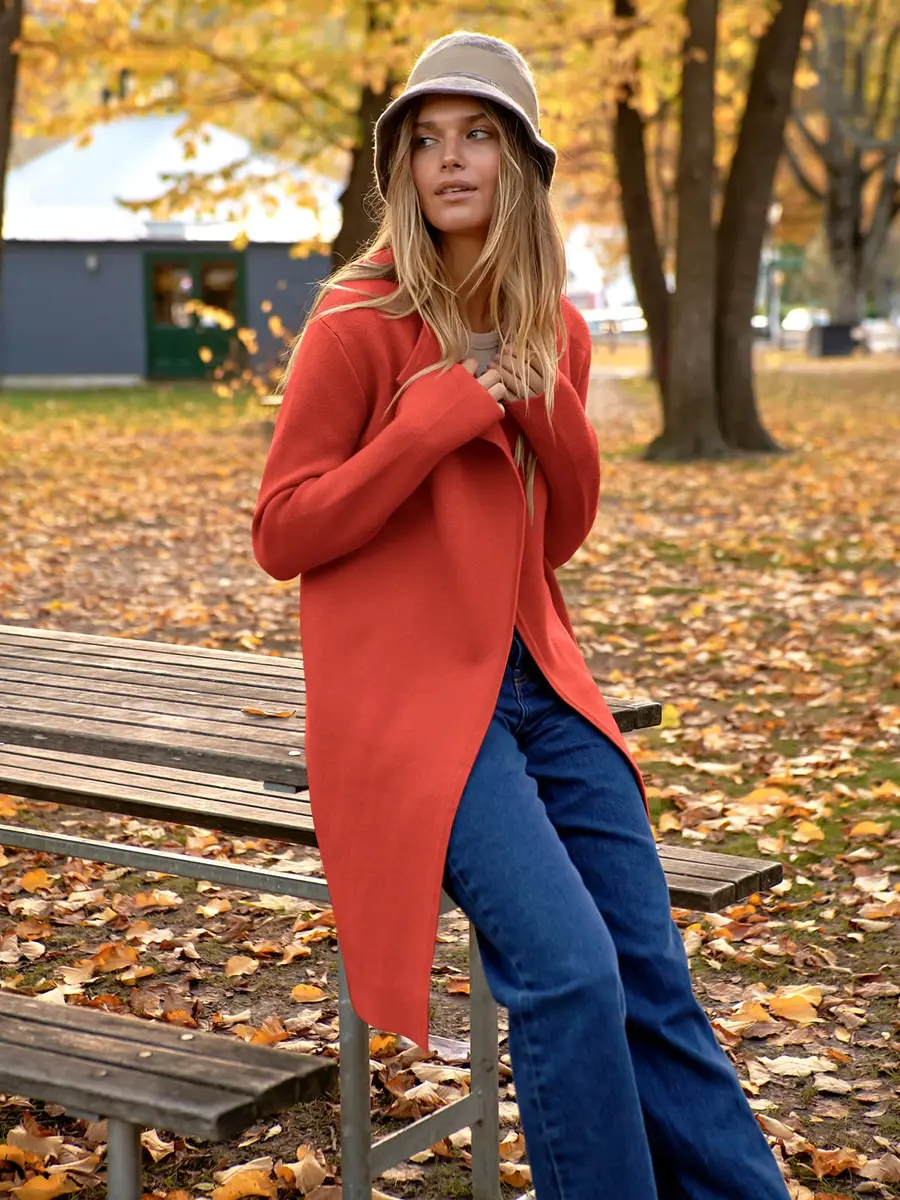 ANRABESS Women's Long Cardigan Sweater V-Neck Acrylic Blend Orange Small | Cozy & Versatile Fall Fashion - view 3