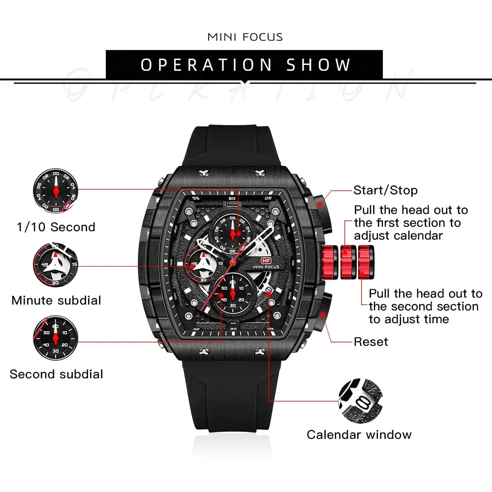 MF MINI FOCUS Men's Fashion Tonneau Chronograph Watch 45mm (1.77 inches) | Water Resistant Luminous Quartz Watch - view 5