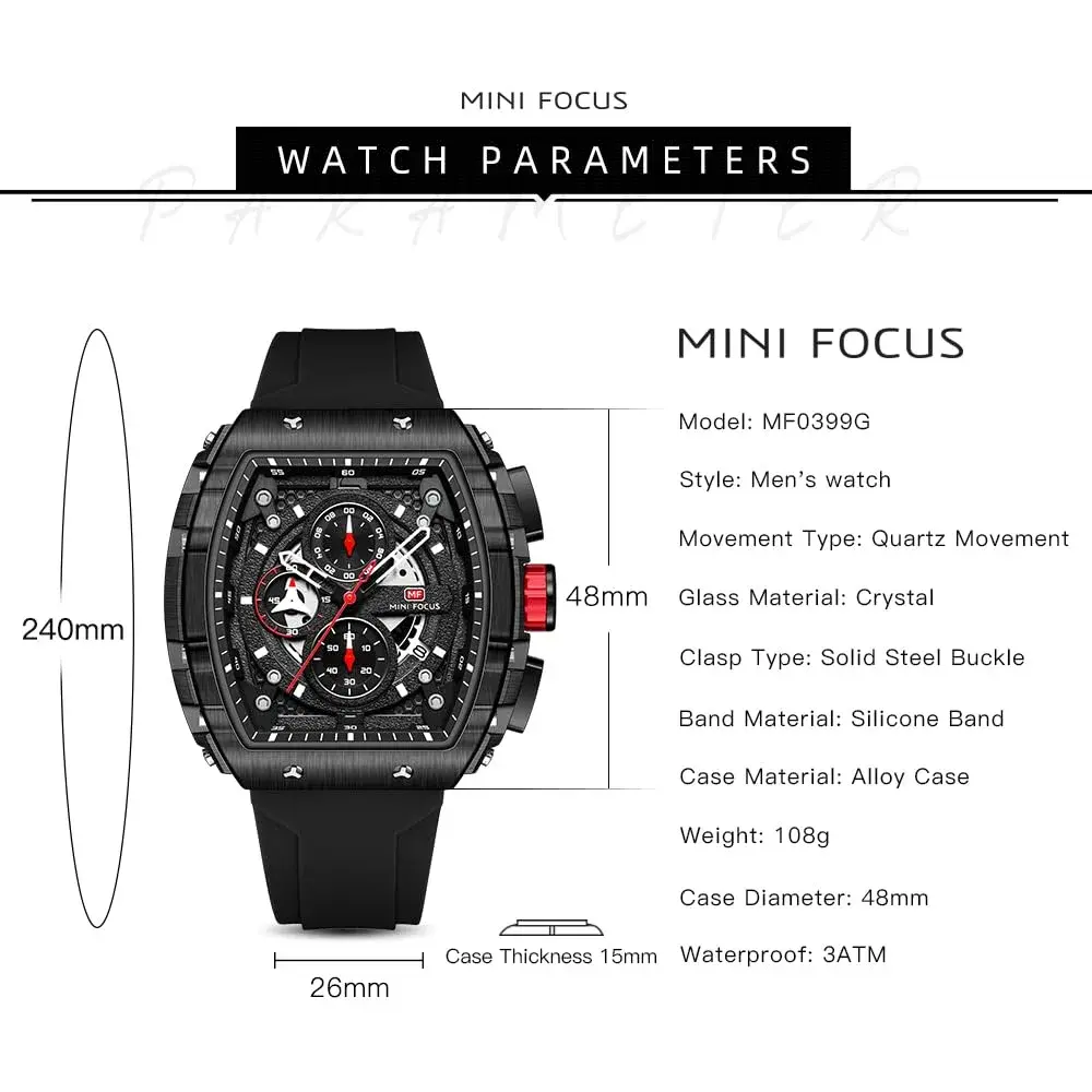 MF MINI FOCUS Men's Fashion Tonneau Chronograph Watch 45mm (1.77 inches) | Water Resistant Luminous Quartz Watch - view 6