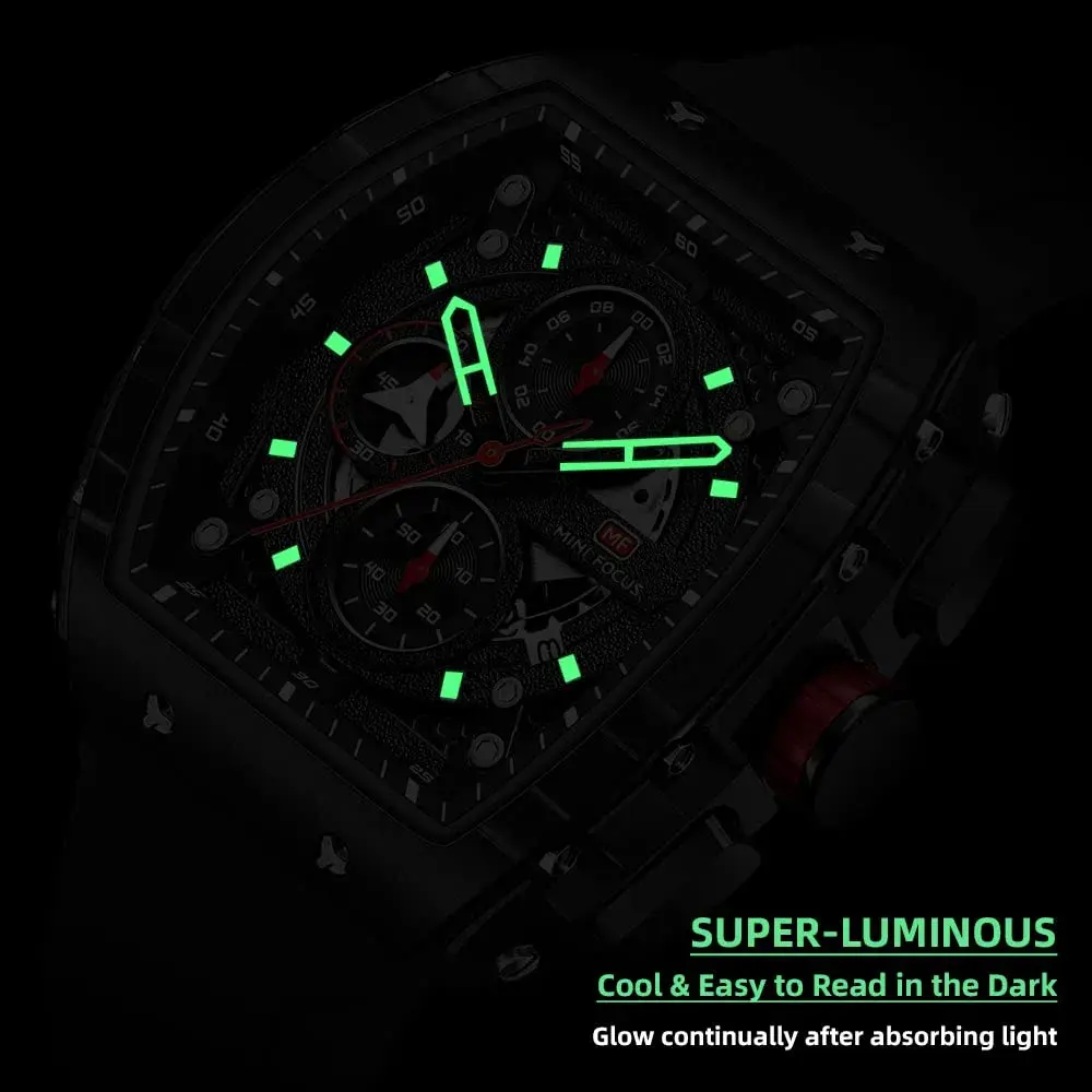 MF MINI FOCUS Men's Fashion Tonneau Chronograph Watch 45mm (1.77 inches) | Water Resistant Luminous Quartz Watch - view 4
