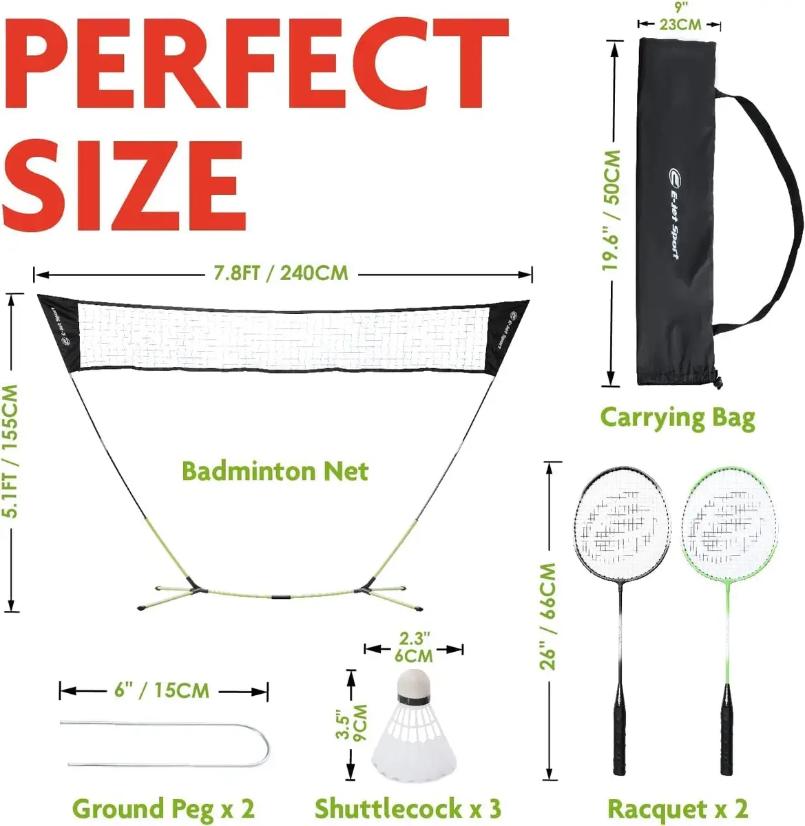 E-Jet Badminton Net Rackets Shuttlecocks Combo Set - Portable 1.55m (5.1Ft) x 2.4m (7.8Ft) | Instant Setup Backyard Fun - view 6