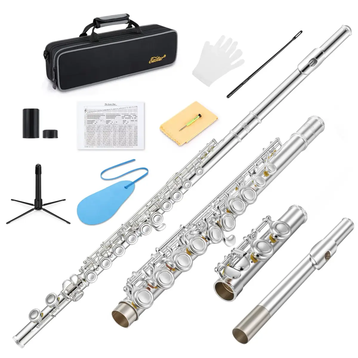 Eastar EFL-1S 16-Key Closed Hole C Flute Kit | Silver Plated Beginner Transverse Flute with Case & Cleaning Tools - main product image