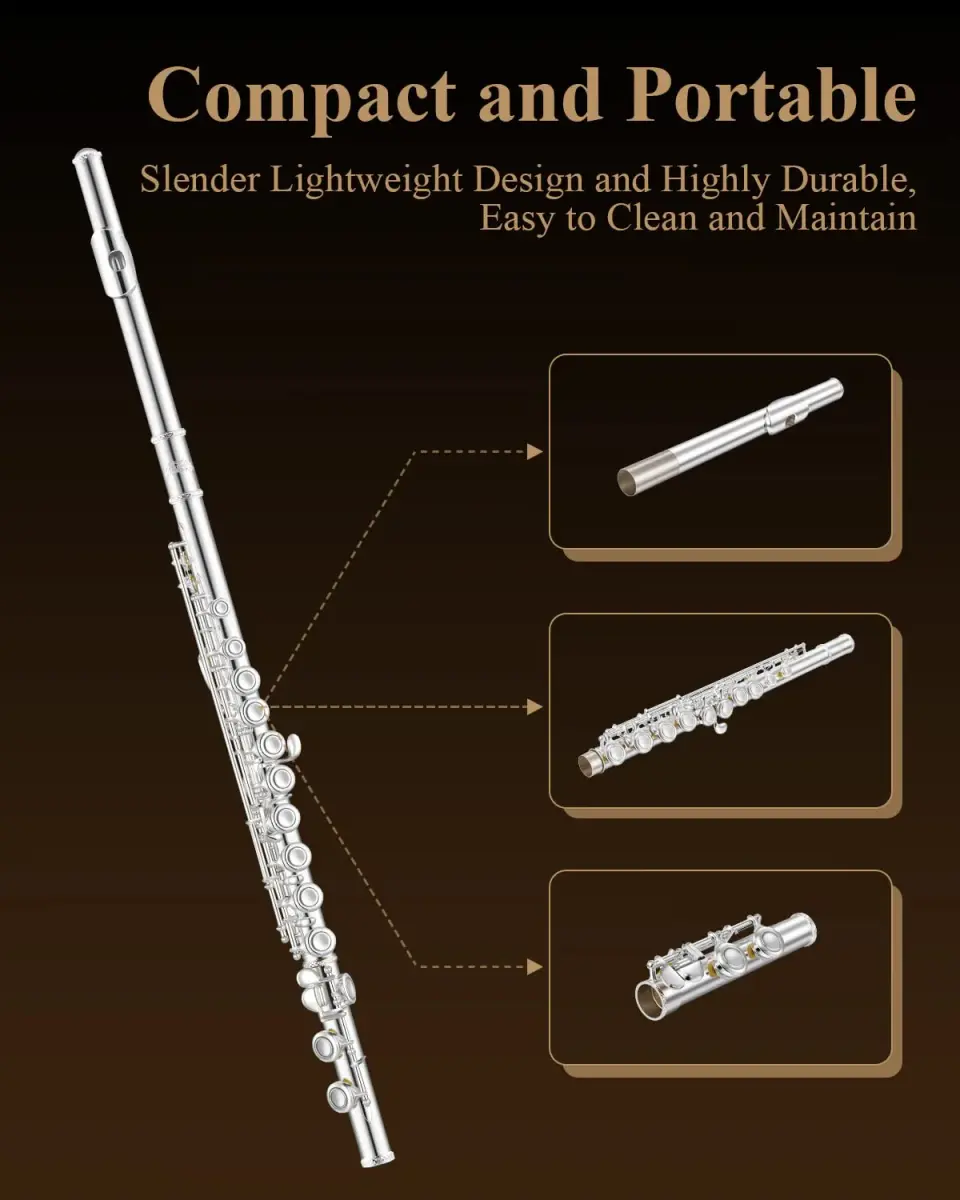 Eastar EFL-1S 16-Key Closed Hole C Flute Kit | Silver Plated Beginner Transverse Flute with Case & Cleaning Tools - view 7