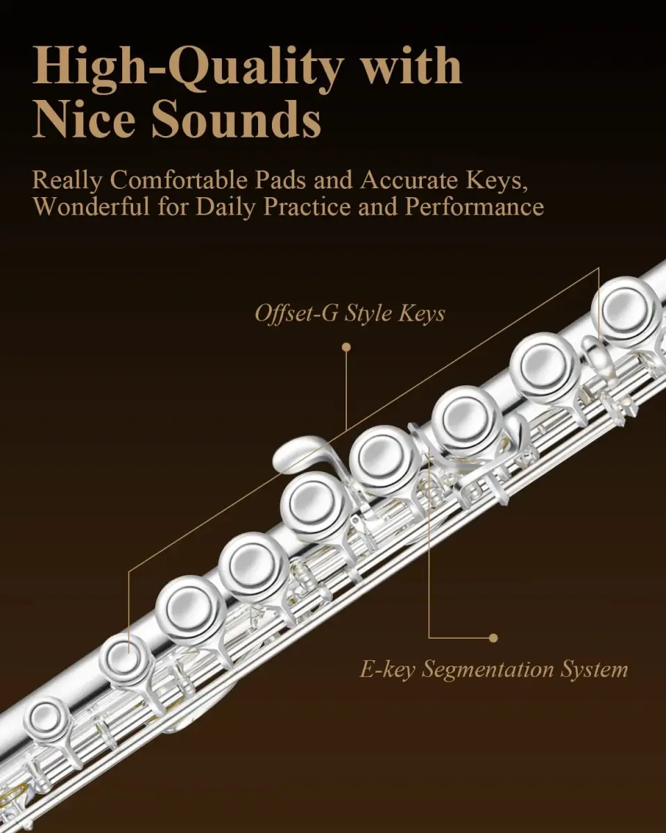 Eastar EFL-1S 16-Key Closed Hole C Flute Kit | Silver Plated Beginner Transverse Flute with Case & Cleaning Tools - view 3